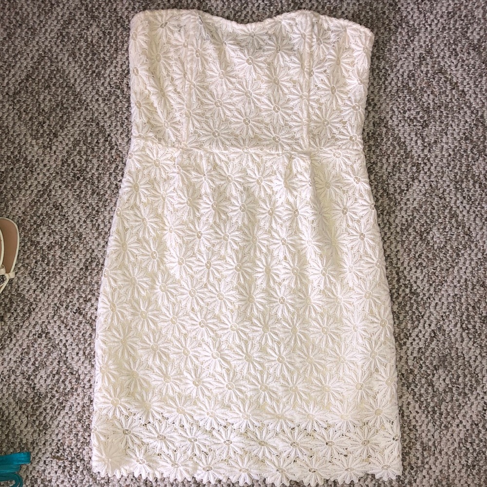 Strapless ivory dress w/ flower print & corset top